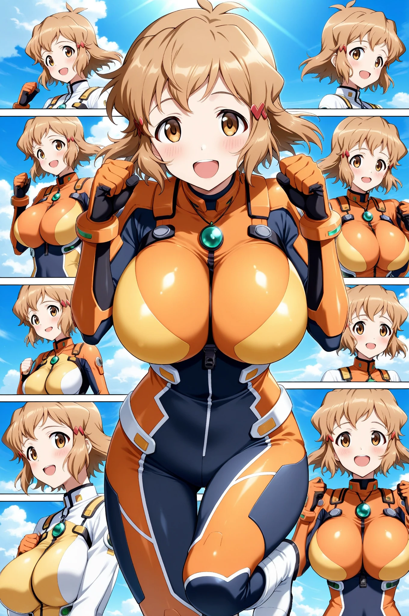 (8k, masterpiece), high resolution, high quality (best quality), uzaki tsuki, Eva-02 pilot suit, taking a selfie with fans, several girls, crowd, :d, spectacular dynamic lighting, beautiful eyes, delicate face, detailed skin, detailed breasts, vivid colors,