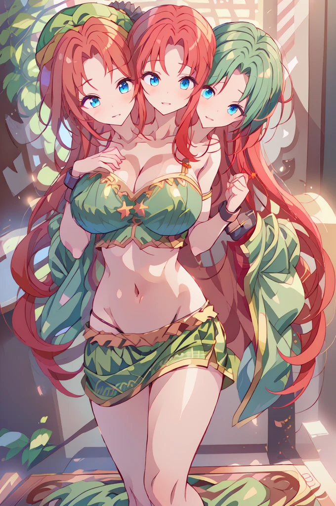 (masterpiece, best quality),best quality, (ultra-detailed), (3heads:1.5), 1girl, (ultra-detailed), (3heads:1.5), 1girl, (hong meiling:1.3), masterpiece, (best quality:1.5, highres, UHD), highres, absurdo, ultra detail, ultra quality, Ultra resolution, green top, crop top, ((stomach)), midriff, ((groin)), green skirt, miniskirt, normal ears, shackles, (red hair), very long hair, wavy hair, sidelocks, blue eyes, parted lips, midriff, sweat, cute, toned belly, hand on own chest, eyelashes, (24 year old woman:1.3), (masterpiece:1.5), (best quality:1.5), (beautiful detailed), extremely detailed CG, extremely delicate and beautiful, depth of field, (finely detailed face), (perfect details:1.2), (mature female:1.3), wide pelvis, slender, large veiny breast, 16k resolution, high quality, high definition, extremely detailed, masterpiece, (red hair), long hair, (same hair color), alluring presence, twin braid, short skirt, close up, big tits, young, striped, green beret, hair ornament, chinese clothes, star hat ornament, open belly, nsfw,