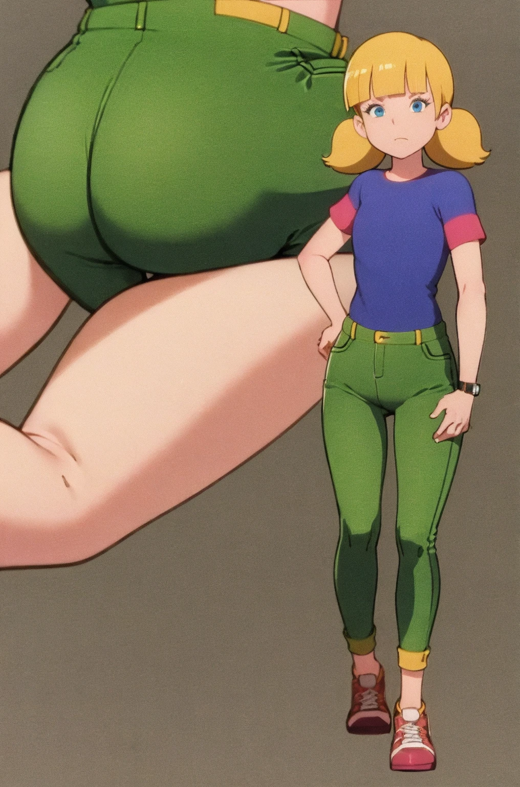 score_9_up,score_8_up,score_6,score_5,score_4, solo, masterpiece, best quality, 1girl, penny, blonde hair, twintails, blunt bangs, blue eyes, red shirt, green pants, brown shoes, (wristwatch:0.6), simple background, full body, flat tirso, standing, contrapposto, solo, simple background, ass, back view, spread ass, ass focus, ass zoom in 