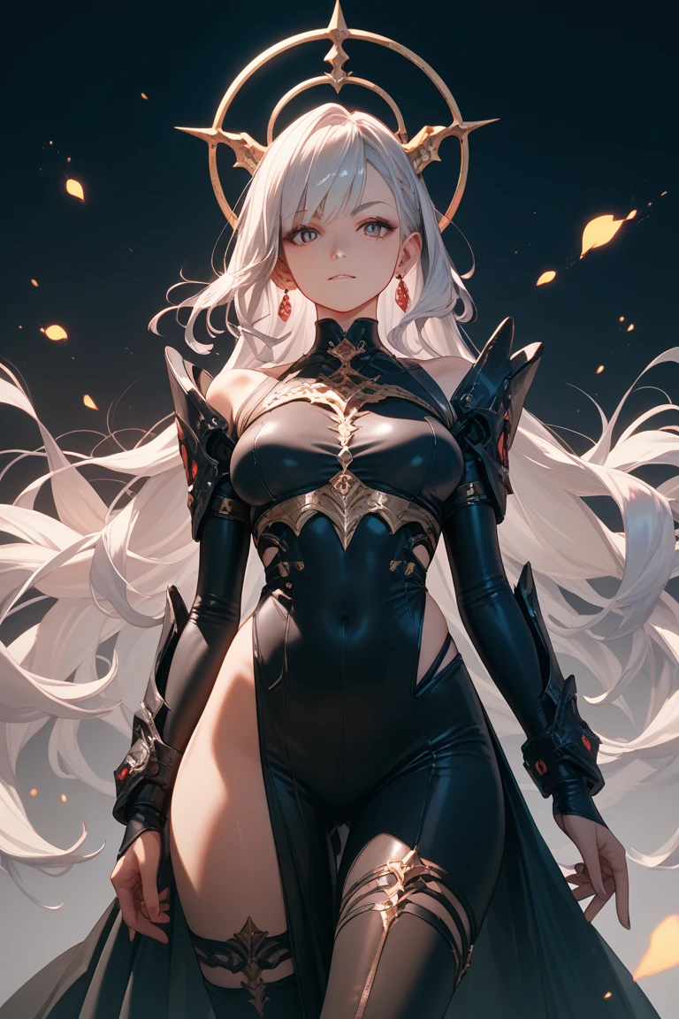 8k_wallpaper, extremely detailed eyes, extremely detailed body, (large masterpiece digital art), (detailed manga illustration), (detailed line art), ((perfect anatomy)), (intricate details:1.3), (ultra-detailed:1.3), (illustration:1.3), (sharp focus:1.3), (natural lighting:1.05), (vivid colors:1.3), (masterpiece), (best quality:1.4), (perfect anatomy:1.4), high quality, expressive eyes, full body, detailed face, beautiful face, perfect face, 1 girl, breasts, gloves, (huge breasts), military uniform, black jacket, jacket, very long hair, ({pale skin}), detailed ((silver hair)), {detailed yellow eyes}, hourglass physique, gray pants, pants, thick thighs, toned, dynamic lighting, 4k resolution, dynamic pose, smirk, military base background, weapon, Sword, belt, glove, shoulder armor, boots, hand guard,