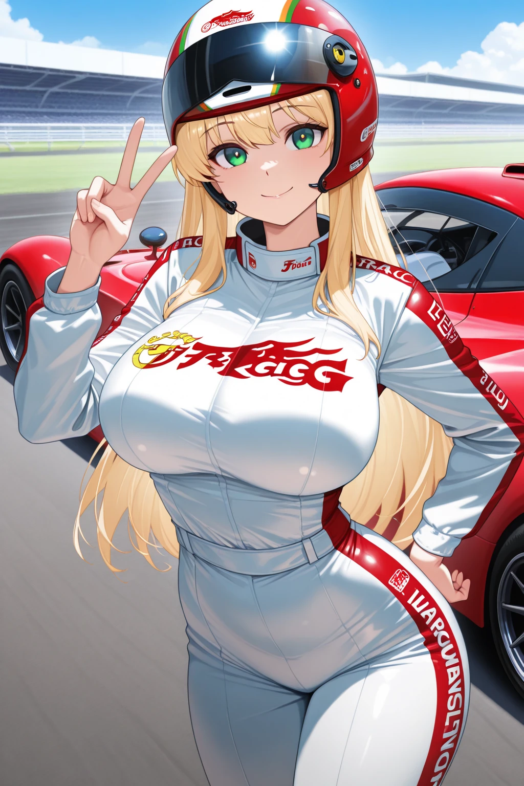 16, girl, long blonde hair, big breasts, seductive stance, smirking, no blush, naughty looking, teasing ,skin tight race car driver outfit, on road