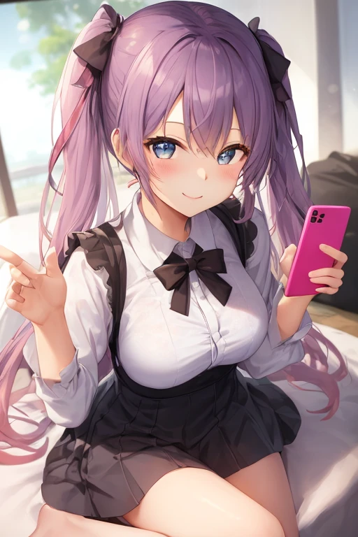 masterpiece, best quality, 3D, 1girl, no shoes, unicorn (azur lane), pantyhose, solo, long hair, feet, purple eyes, phone, hair ornament, purple hair, skirt, cellphone, x hair ornament, soles, twintails, white pantyhose, blush, scrunchie, school uniform, low twintails, ahoge, sitting, looking at viewer, holding, hair scrunchie, very long hair, smartphone, toes, book, sailor collar, black skirt, serafuku, holding phone, long sleeves, bangs, legs, pleated skirt, open mouth, panties, underwear, black sailor collar