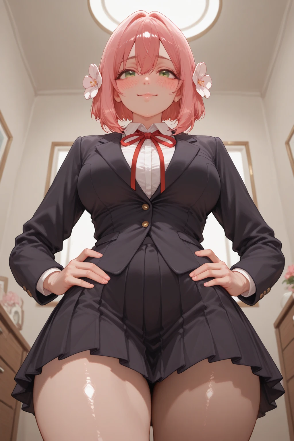 ((1girl)),((alone)),mina ashido,(masterpiece), (best quality), (ultra detailed), (best illustration), (best shadow), (absurdities), sharp focus, cowboy shot , dynamic posture looking at the viewer, big breasts, narrow waist, wide hips, wide thighs, round butt, erotic, romantic, (very detailed eyes, lips 1.1), very detailed eyes, eyes, Very detailed face, Very beautiful face, height complete, beautiful slim figure, femininity, expressive appearance, big elastic breasts, sexuality, pink skin, pink hair, short hair, horns, yellow eyes, black sclera, yellow irises, black pupil, collared shirt, white shirt, red tie, tight shirt, neckline, short sleeves, green skirt, short skirt, tight skirt, (socks: 1.2), (black socks: 1.1), brown loafers, defined body, perfect and beautiful body, perfect and beautiful, closed mouth, smile, cheerful smile,blushing, (sexy pose: 1.2), ((solo)), standing: 1.3, indoor, school, classroom, desk, chairs, desks, window, sunset, looking forward, ((focus on hips )), point of view: (from below), perfect anatomy, perfect hands