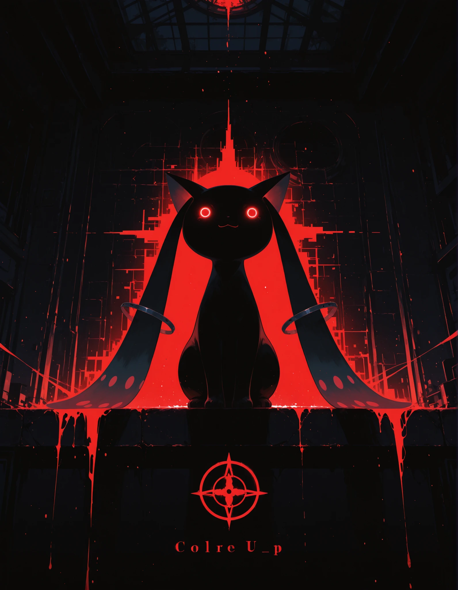 solo feral kyubey, glitch creature, shadow creature, glowing eyes, half-length portrait, sitting, front view, BREAK, masterpiece, best quality, glitch, detailed background, ambient silhouette, depth of field, horror \(theme\), dark place, [:tree:0.15], red light, foggy, blood, cult