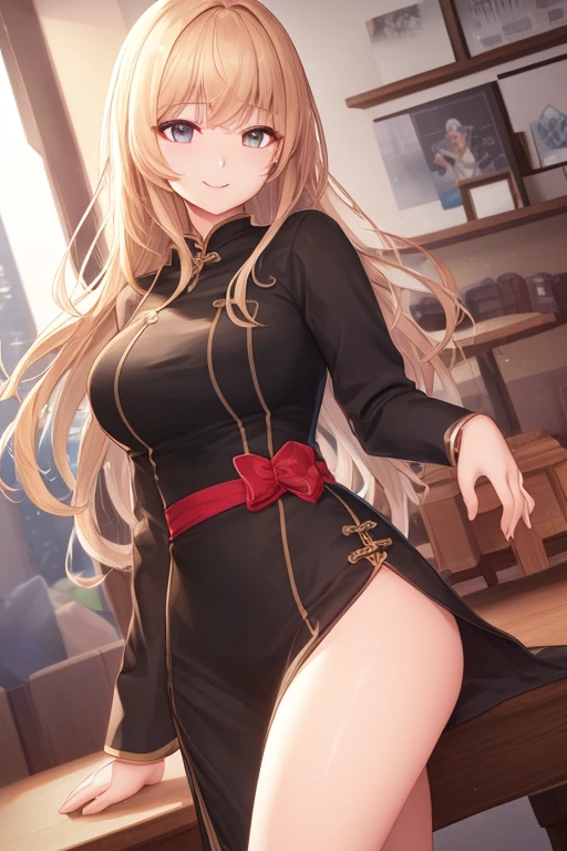 masterpiece, best quality, long hair, medium breast, cleavage, navel, slim legs, morgan fate blonde hair, nurse, happy, short skirt, mature women, standing, bedroom