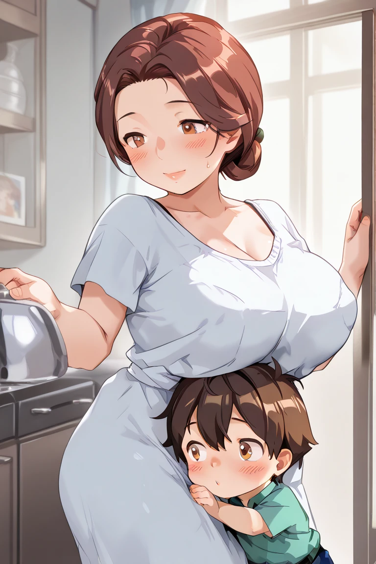 (masterpiece, best quality:1.2), 1girl,age difference,(1boy, faceless male),medium breasts,blush,looking at viewer,white clothes
