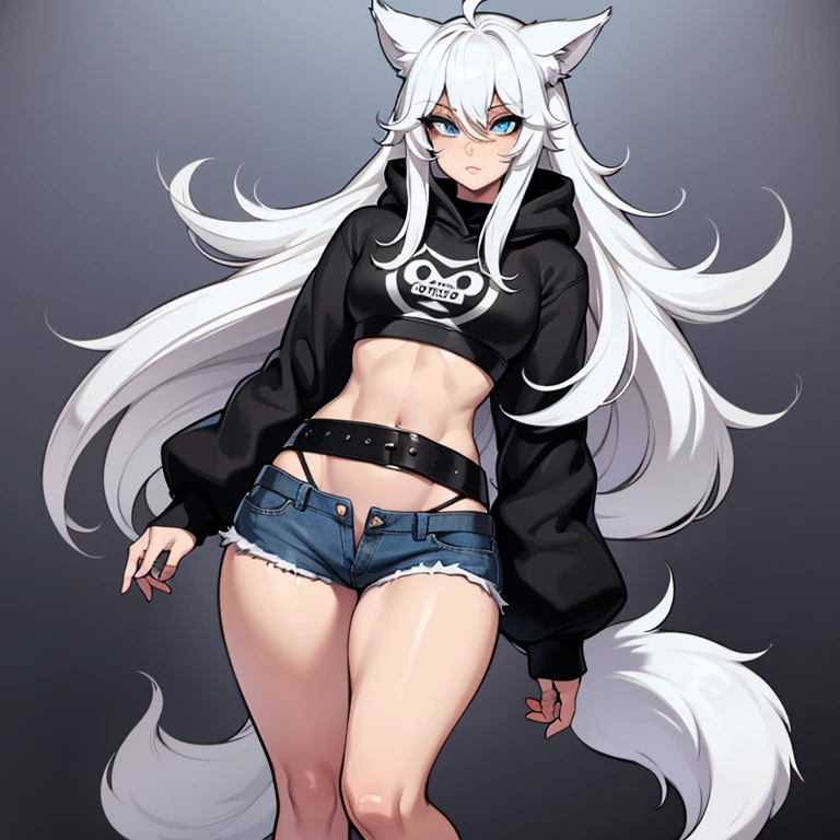 Girl, Short, has Long white hair, has wolf ears, has wolf tail, has blue eyes, wearing denim short shorts, thigh high fishnets, black combat boots, wearing cropped black hoodie, flat chest, super flat chest, solo femboy, only one femboy ((FLAT CHEST)) (ALONE)(SOLO) Alone, solo, wide hips, thicc thighs,