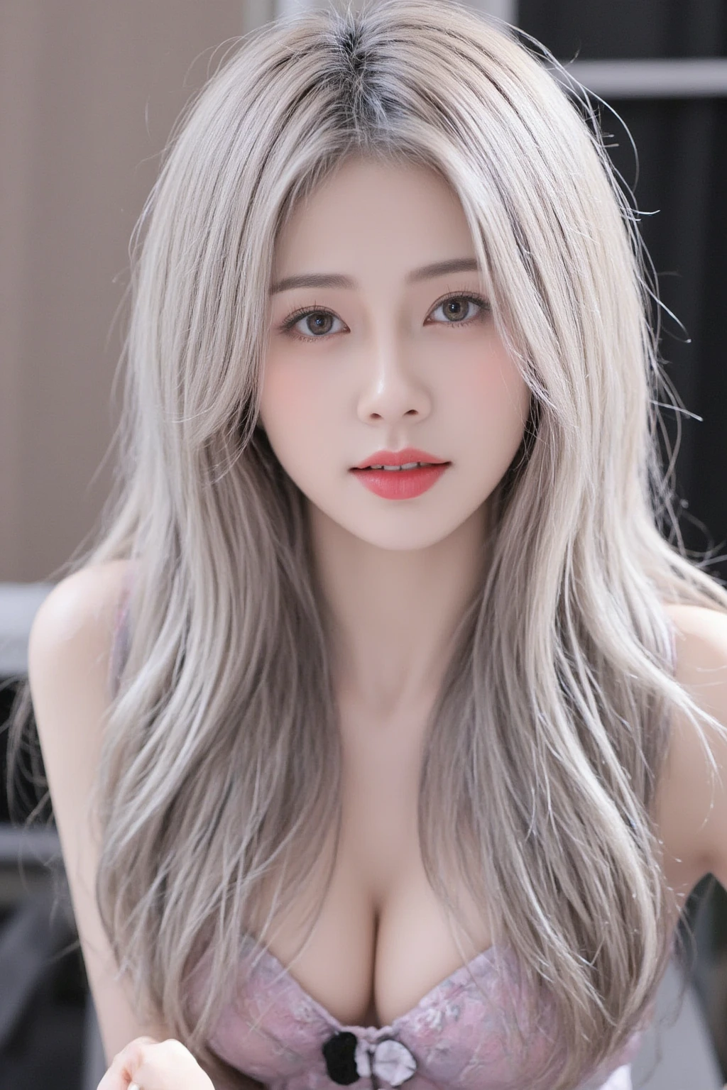 Realistic, 1 female, Gray Hair, Crimson Eyes, Shining Eyes, naked+pubic hair((White fur)), Chapped lips, blush, At night, flower, sun, sunlight,