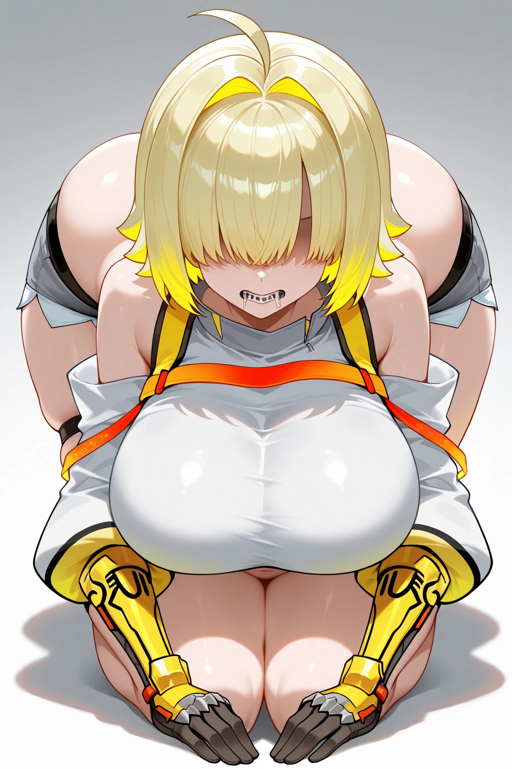(One girl)、medium length hair、(sidelock)、((Blonde))、(slan eyes)、（boyish）、(Big super breasts)、((Chubby))、、(Priest)、(Futanari)、pink leotard、White sleeveless、thigh-high socks thighhighs、(long gloves)、hairs between eyes、(coarse hair)、[flipped hair]、pink eye、say、(Erotic squatting)、 two side up、White Background、