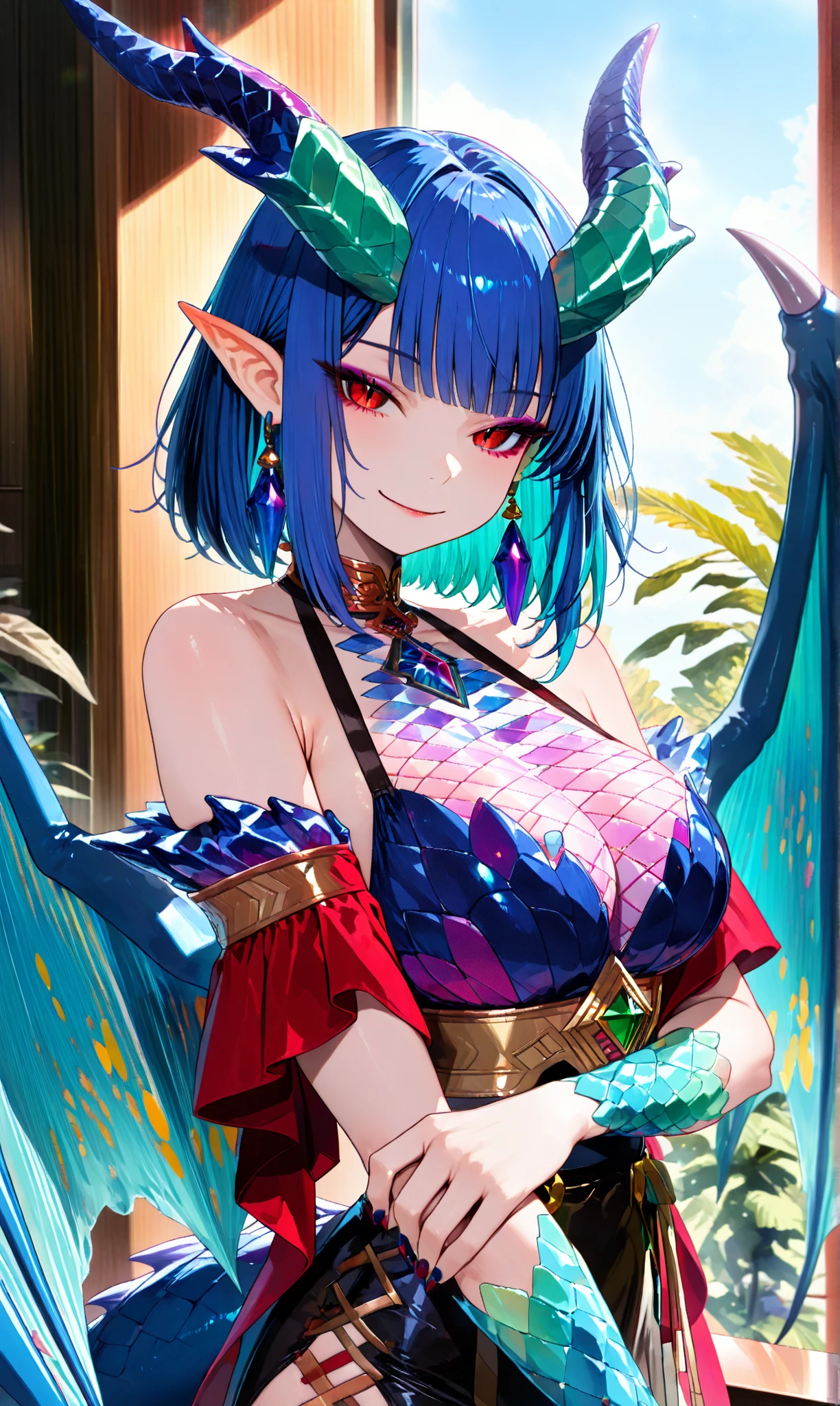 ((Highest quality、unity 8k wallpaper、32k、masterpiece、Very detailed、Ultra-high resolution、Ultra-high resolution、 Very detailedな顔, RAW Photos, Professional, Ultra-fine painting, Anatomically Correct Dragon Girl)) Yui Kotegawa transforms into a Blue Dragon,  kotegawayui, Long black hair, Yellow Eyes, ((Reptile Eyeouth with sharp fangs,、(((Impressive lizard tail extending from tailbone))) 、(((Giant blue bat wings growing from the shoulder blades on his back)))、((Dragon legs with sharp claws、Covered in fine scales from the toes to the thighs、Covered in fine blue scales from fingertips to shoulders、Long nails on the fingertips))、Nipples are fully visible、(The boundary between the scales and the skin is unclear)、((A small fin on the spine that continues to the tail))、