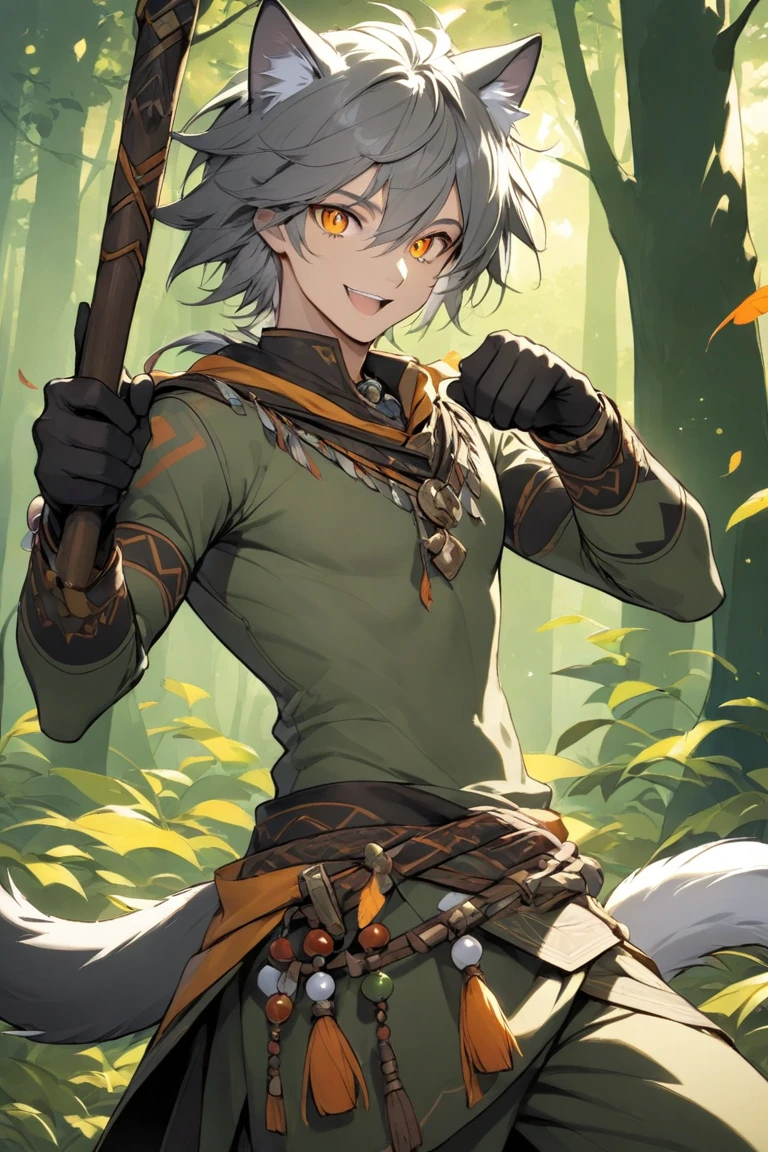 (high quality: 1.2), (detailed: 1.2), (well-lit), (1boy), (kemono style), (furry), (black wolf), (healthy body), (happy expression), (holding small axe), (beautiful forest and blue sky background)