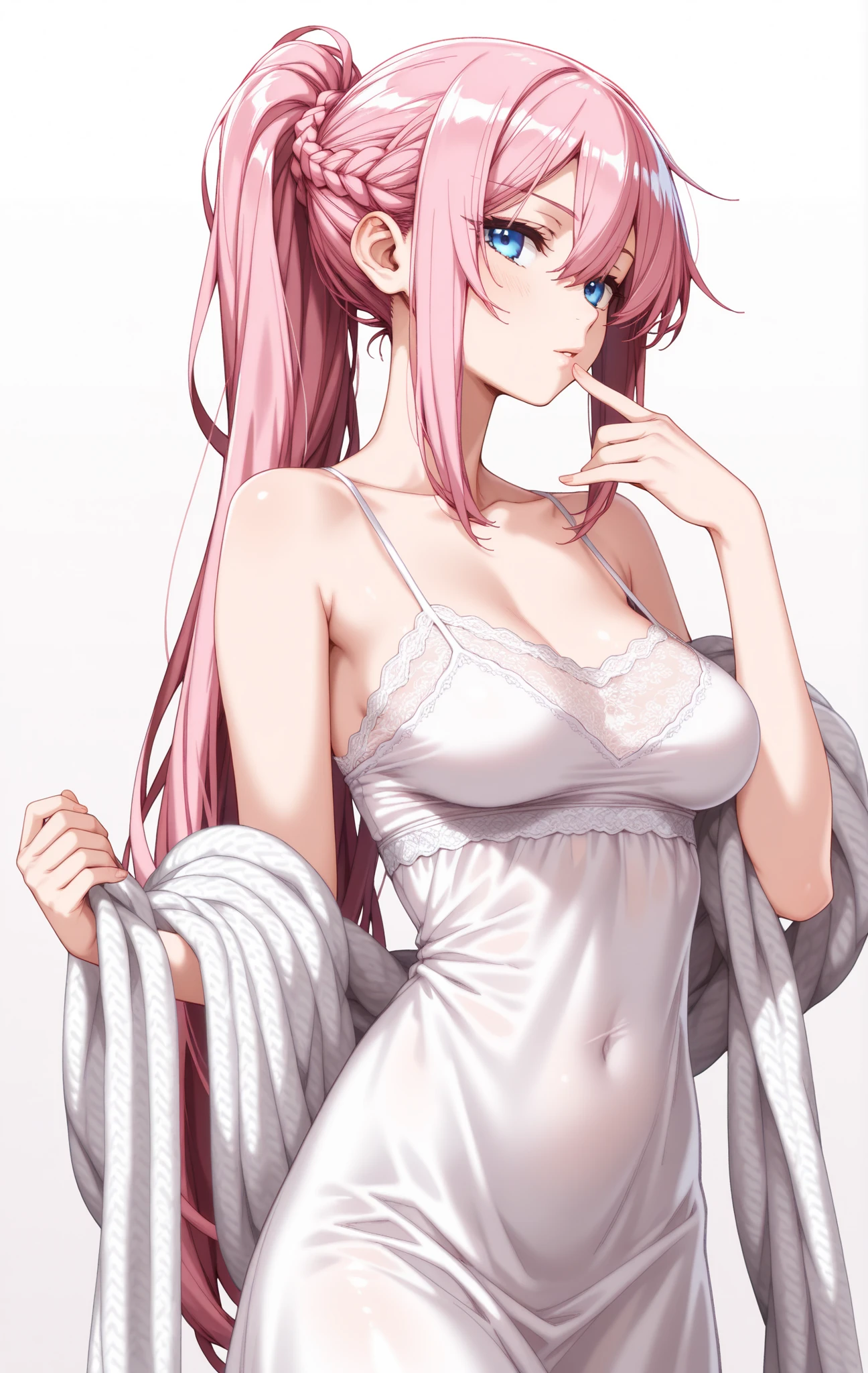 alone, One girl, View your viewers, sketch, Flat Color, 2D, anime, anime coloring, Pink Hair, long hair, ponytail, Hair Ornaments, cowboy shot, (Pure white lace camisole, Pure white lace panties), Lux Klein, Crying face, large breast