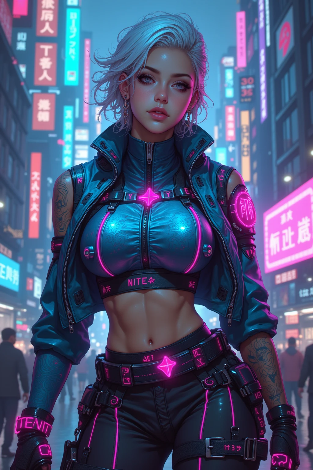 A mesmerizing female cyberpunk street artist, detailed holographic mural in a neon-lit urban alley, (annabellpeaks:0.8) <lora:annabellpeaks_v3:1>, closeup, Amazing fine detail, glowing eyes, [(colorful explosion psychedelic paint colors:1.21)::0.15], detailed background, round cute face, green eyes, detailed clothes, skinny, shinny glossy skin, subsurface scattering, (gothic:0.8), frills, pleated skirt, Nikon D850 film stock photograph Kodak Portra 400 camera f1.6 lens, rich colors, lifelike texture, dramatic lighting, unreal engine, cinestill 800 tungsten