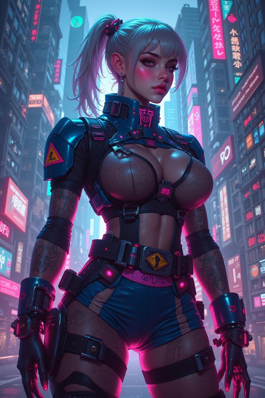 Create a hyper-realistic cyberpunk artwork featuring a tall (190cm) Russian woman with an athletic build and an ultra-detailed, sultry face. She is squatting in a very sexual and provocative manner with her legs wide opened, lifting her breasts with her hands, accentuating their size. She has a thin waist, defined 6-pack abs, curvy hips, and slightly plump buttocks. Her body has a subtle glow, and her skin texture is highly detailed. The woman has (((blond hair))) styled in twin-tails with partial braids and shaved and braided sections on the right side. She wears pencil heels in a cyberpunk style and dark-blue glossy lipstick. Her lips are slightly parted, and she has purple eyes, neon earrings, and shiny black fingerless gloves with a cyberpunk aesthetic. She also has a navel piercing and Irezumi-style tattoos on her body, including a glowing one. She wears see-through fabric leggings and a cyberpunk-style jacket, wearing nothing, completely named, totally naked,  covering her breasts and , (dark-pink areola, and deep-dark-pink ), . The artwork is set against the backdrop of a highly detailed cyberpunk metropolis at night, with empty streets illuminated by neon signs and some people in the blurry background. The art is created using a Canon EOS R6 camera, and it utilizes Octane render, (High Dynamic Range), Tay Tracing, NVIDIA RTX, unreal 5, subsurface scattering, PBR texturing, post-processing, anisotropic filtering, maximum clarity and sharpness, ((cinematic lighting)), Lens Flare light, (hyper-realistic light and shadow: 1.2), depth of field, Illuminated by soft, Dreamy volumetric lighting, completely naked, ((NSFW)), vaginal rundown, pubic hair.
