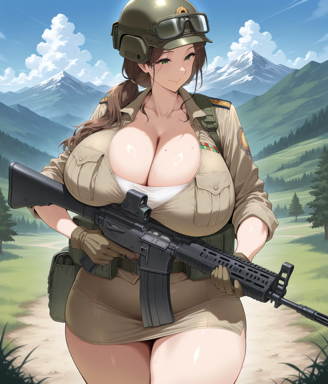 masterpiece, ultra detail, Woman, brown hair, green eyes, freckles, braided hair, camouflage cape, military hat, sniper, unfirome USSR ww2 sexy, open knees, sexy pose, battlefield, crouched, holds sniper rifle, thighs wide, big breasts, shows pussy, orgasm, unbuttoned shirt, sweat, wet clothes