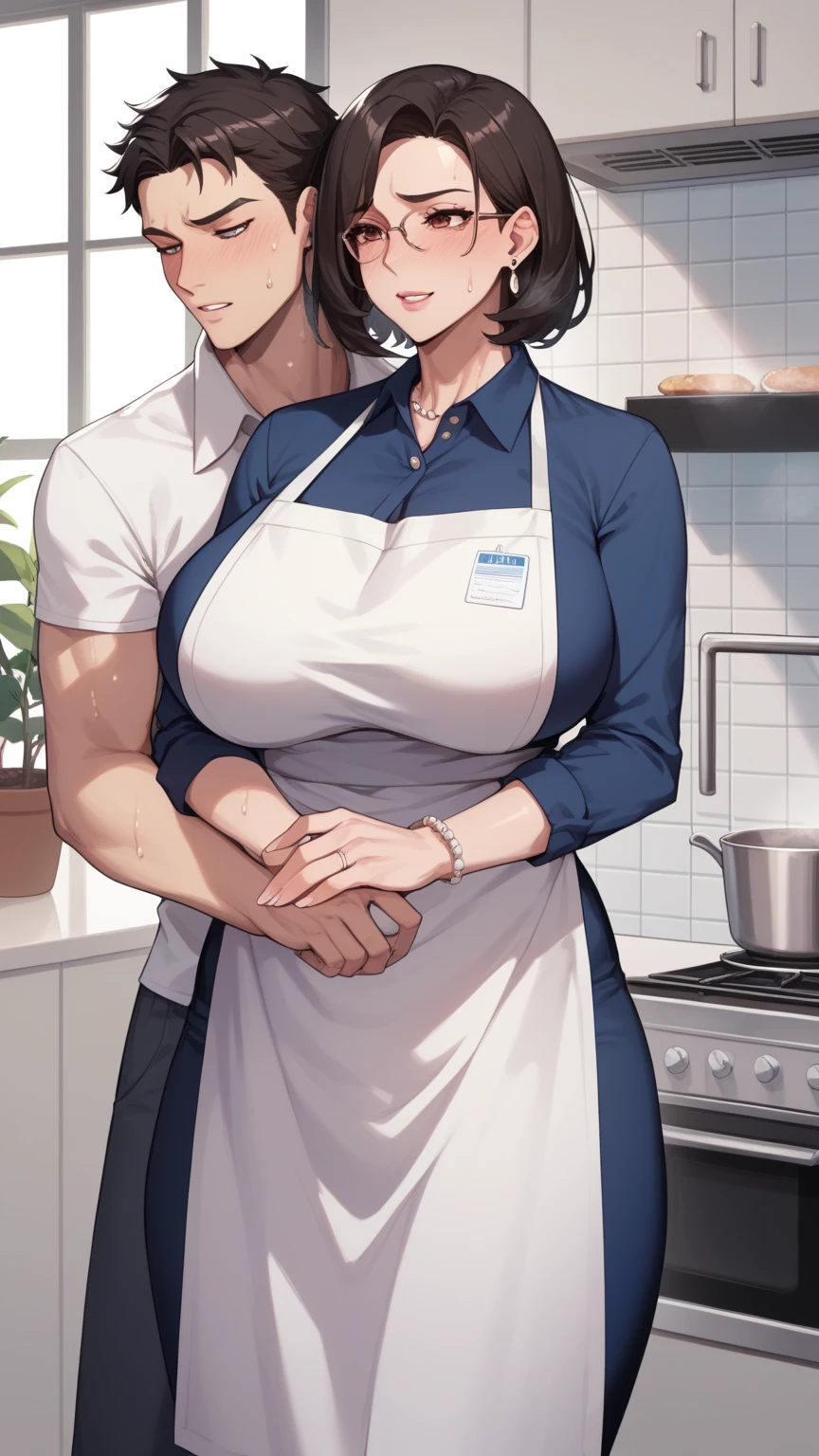 Two people (Man and Woman), Country Mature MILF, Massive Enhanced Breasts, Skinny, Wrinkles, Filled with Freckles, Getting pounded from behind (Doggystyle) by her stepson, At the kitchen