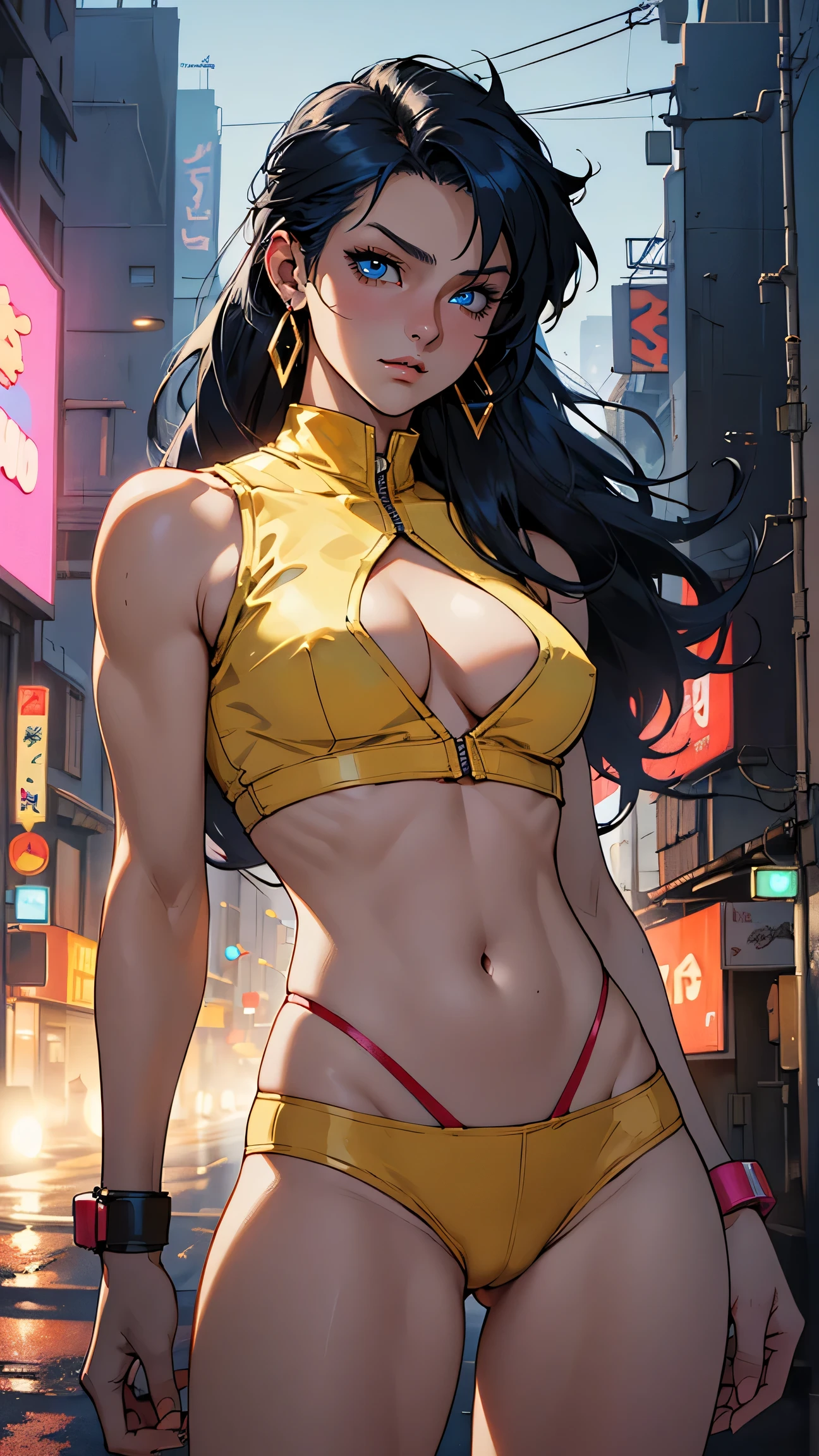 (best quality:1.2,highres,ultra-detailed), detailed face and body of Yuri from The Dirty Pair, stunning Asian beauty, expressive brown eyes, luscious lips, long flowing black hair, (skimpy yellow outfit), (revealing cleavage), confident and sexy pose, (cyberpunk-inspired city background), neon lights illuminating the scene, vibrant colors, (futuristic and edgy atmosphere), stylish and sleek architecture, dynamic angles and composition, (sci-fi and anime fusion), perfect beauty 