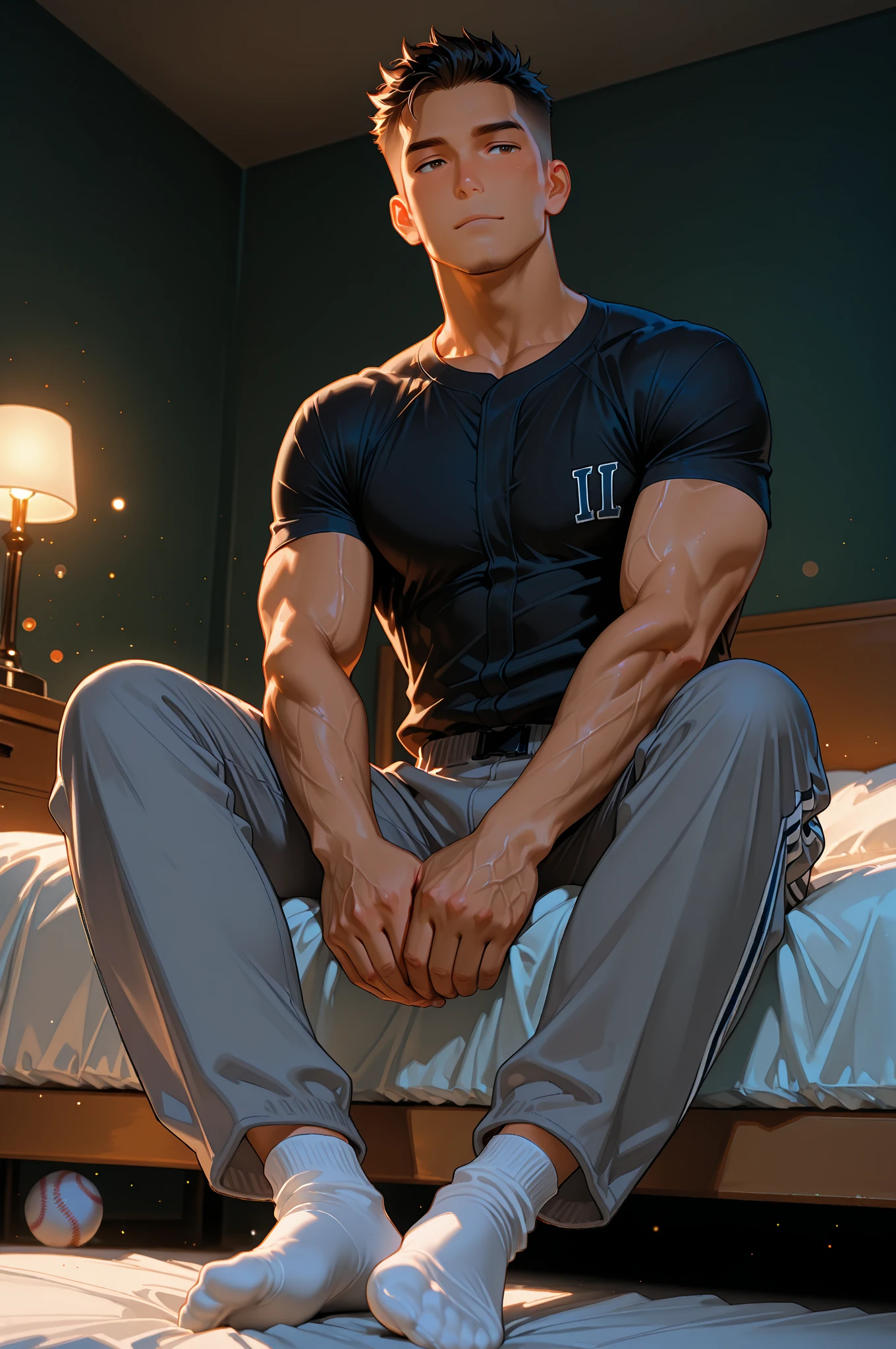 18 year old boy playing soccer, white football shirt, black number 2 shirt, toned muscles, wet clothes, see through shirt, black hair, messy hair, short hair, wet hair, gray eyes , handsome face, super detailed photo, sexy, no pants, erect penis, red face, sitting crotch on bed showing erect penis