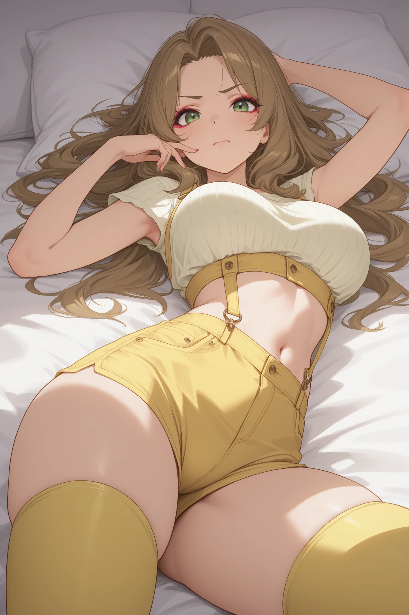 One Woman、Cute Woman、plump thighs、Best image quality、High resolution、masterpiece、super high quality、Spread your legs、Lime green bra、Yellow-green panties、I can see her panties、とてもBig Ass、The buttocks are too big、Blushing、Grinning face、4K quality、Thick thighs、Big Ass、Sit with your legs apart、Blushed、Big Breasts、Proud face、Wearing black stockings、Her ass is pointing towards me、bed、Spread your legs wide、Huge 、Very big ass、Low angle shot