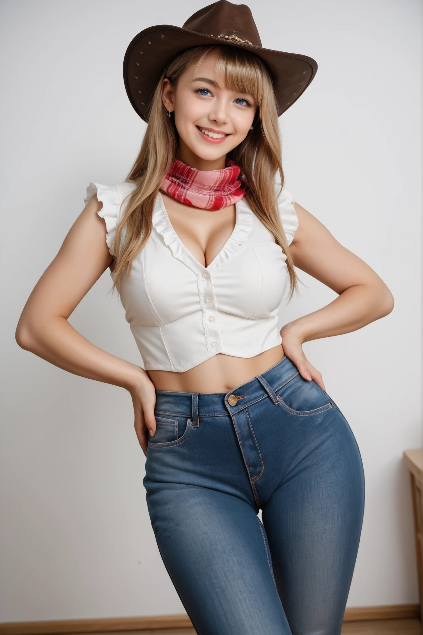 Score_9, Score_8_up, Score_7_up, Score_6_up, Score_5_up, Score_4_up, Source_real, Tag1, Tag2, Anatomically correct, realistic, 1 woman, 23 years old woman, beautiful woman, Highly detailed beautiful face and eyes, blue eyes, blonde hair, Detailed skin, (natural saggy big breast:1.1), big ass, thick thighs, wide hips, curvy, (oiled body:1.0), smile, (long hair with bangs), (tanned skin:1.2), (Cute cowboy outfit, cowboy hat, white shirt, fringed vest, Jeans, scarf), armpits, one hand on hip, (Please take a picture from below:1.1), Summer season atmosphere, sunset, Being in the grassland,