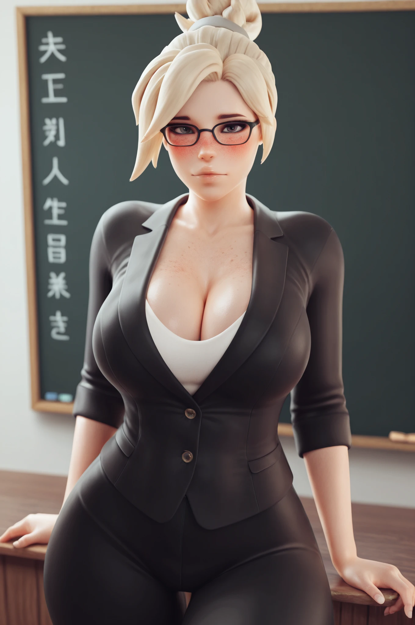 Full body picture, a female teacher and several male students, she is wearing a white shirt, short black shorts, tight-fitting clothes, big breasts, red glasses on her face, she has short blond hair with highlights, blue eyes, she is looking at the viewer, embarrassed smile, red cheeks, red lipstick on her mouth, she is standing inside a classroom full of students, with a blackboard, anime style, Anime, Mortal Kombat, Masterpiece, super detail, 16k, best quality, anatomically correct, UHD