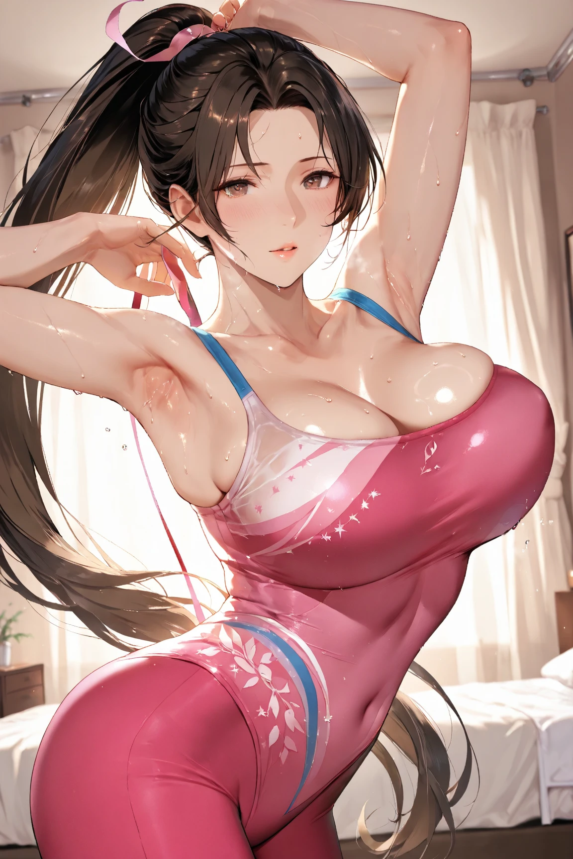 Fair skin, Black Hair,ponytail、Wet crotch,Sexy pose,Natural light、gymの中、 ((18-year-old、Highest quality、gym、Complex、perspective, Very detailed, Detailed Background,, Big Breasts,Saggy breasts,Three-dimensional chest,Slender body,the body is slim,smile,Thin legs,sort out:1.5,スレンダーBig Breasts,Puffy nipples,スレンダーBig Breasts,(masterpiece:1.2, Highest quality), (Realistic, photoRealistic:1.4. View your viewers, 1 girl, Gymnast, Perfect Face, Cute and symmetrical face, Glowing Skin, Baby Face,
(Mid-length hair:1.5, サイドponytail:1.2,), Hair between the eyes, (Big Breasts), Nipple hardening,
Beautiful Hair, Beautiful Face, Beautiful attention to detail, Beautiful clavicle, Beautiful body, Beautiful breasts, Beautiful thighs, Beautiful feet, Beautiful fingers,
((Gymnastics uniform)),
(Beautiful views), (Gymnastics stadium), (one leg up Gymnastics pose), (素敵なsmile, Upward glance, Open your mouth),