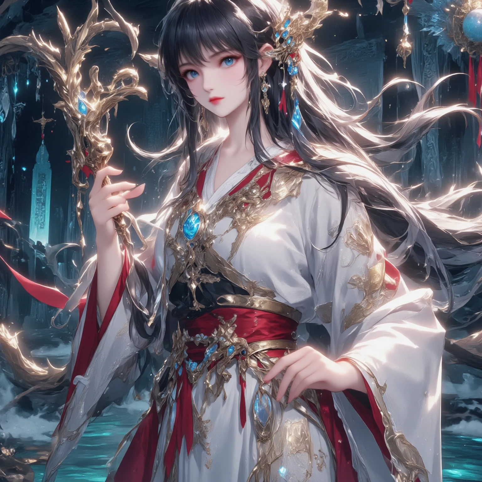 woman,White clothes,Long hair,Sword in hand,Black hair,White headdress,Fairy,Little Dragon Girl,Nice face