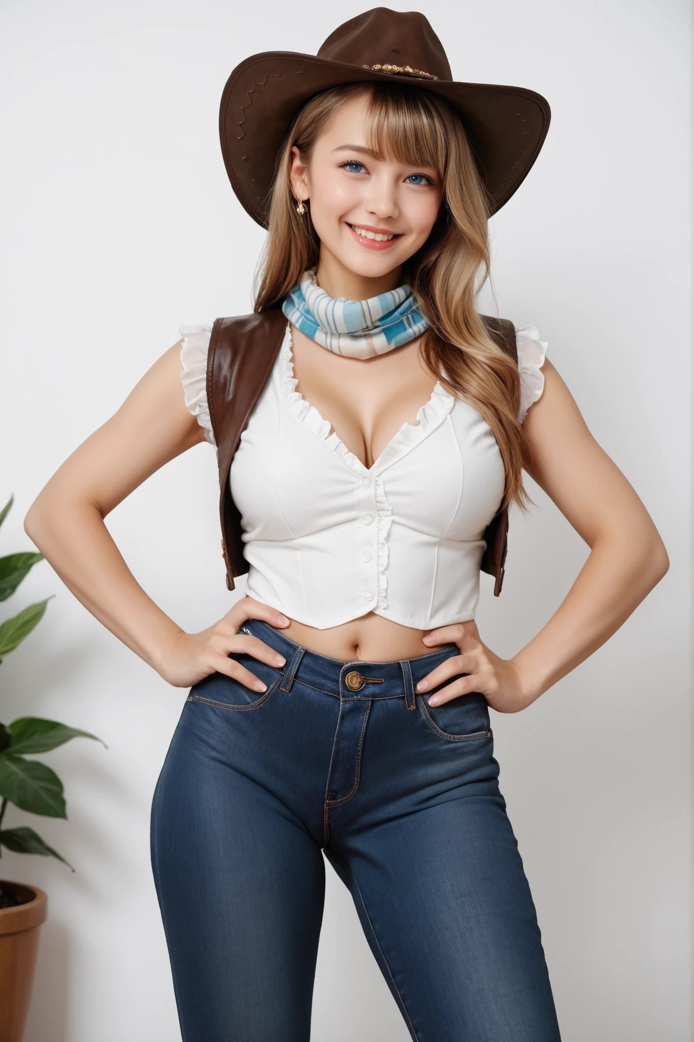 Score_9, Score_8_up, Score_7_up, Score_6_up, Score_5_up, Score_4_up, Source_real, Tag1, Tag2, Anatomically correct, realistic, 1 woman, 23 years old woman, beautiful woman, Highly detailed beautiful face and eyes, blue eyes, blonde hair, Detailed skin, (natural saggy big breast:1.1), big ass, thick thighs, wide hips, curvy, (oiled body:1.0), smile, (long hair with bangs), (tanned skin:1.2), (Cute cowboy outfit, cowboy hat, white shirt, fringed vest, Jeans, scarf), armpits, one hand on hip, (Please take a picture from below:1.1), Summer season atmosphere, sunset, Being in the grassland,