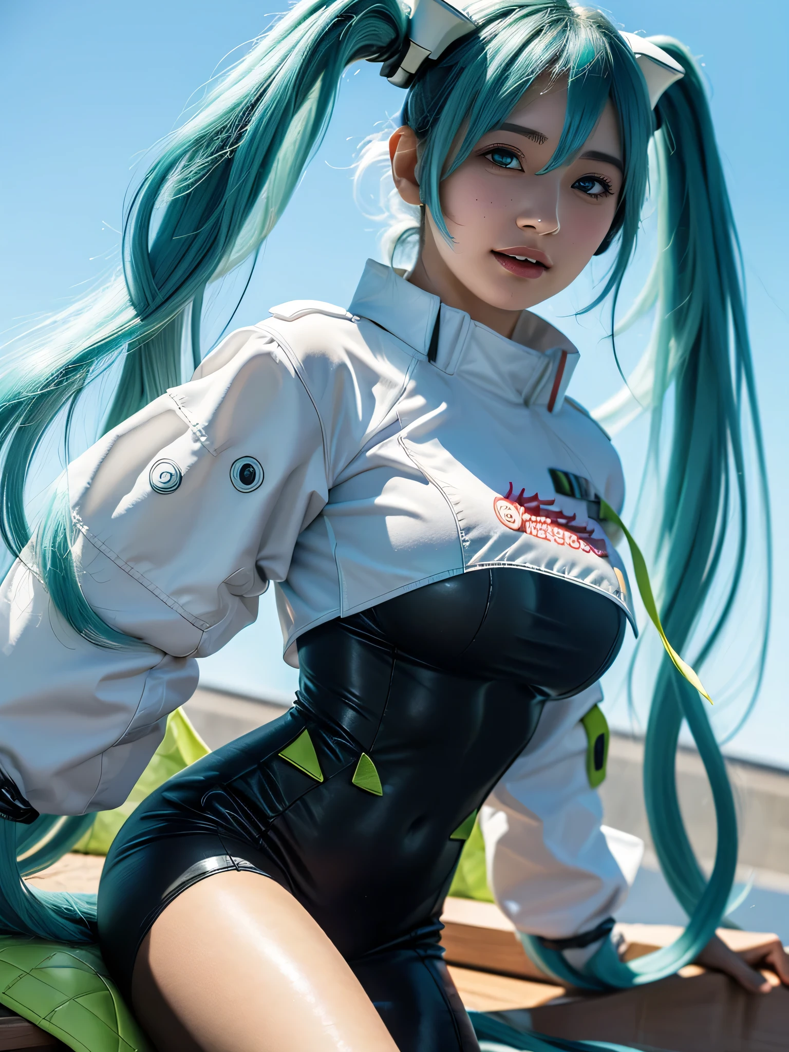 top quality, ultra high resolution, (photorealestic: 1.4), (rosa Long hair: 1.3), (Azure Lane\), Ein Girl, (K-Pop-Idee), audience, detailed face, Counter post, smooth skin, Perfect Anatomy Professional Lighting, Futuristic Fashion, Strassenmode, Hightech-Gewebe, racing suit, fireproof material, Elbow and knee pads, Racing Gloves, personalized embroidery, mini skirt, navel, Long hair, Emerald Green Hair, light blue hair, blaugrünes Haar, Suzuka circuit, Race track – home straight, Racetrack, international circle, SUPERGT, large breasts, large, Racing Queen, side tail, Face not cut off((show your armpits))Girl.Safetensor