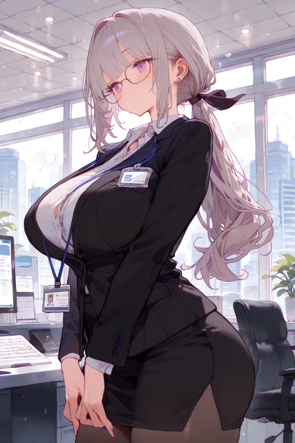 biwa hayahide \(umamusume\), under rim glasses, ((put one's hand on the ass, leaning forward:1.3, from behind:1.3, stick out one's butt:1.3)), (sexy poseasterpiece), (best quality), (intricate detailed), (Hyperrealistic), absurd res, perspective, highly detailed, detailed background, illustration, 1girl, perfect hands, detailed fingers, beautiful detailed eyes, perfect eyes, seductive eyeedium chest), milf, mature woman, CEO, (business outfit:1.2), pants suit, suit jacket, black choker, a woman in the office room, a white wall, (ecstasy)