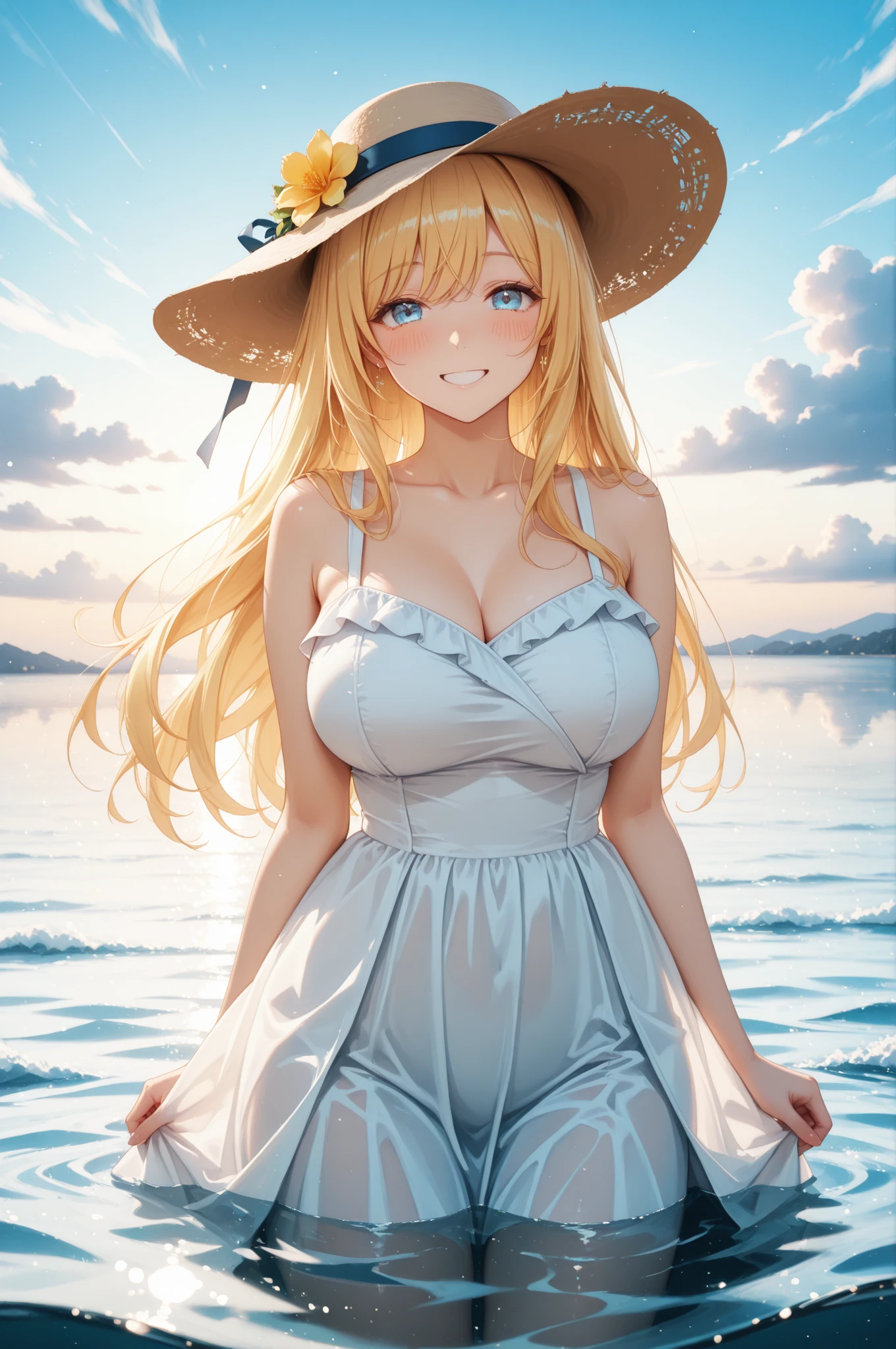 (masterpiece,derailed,8k HDR,hires,best quality:1.4),beautiful sea,on beach,cinematic lighting,face lighting,1girl,good anatomy,better hands,cowboy shot,detailed skin,beautiful skin,wet and grossy skin,detailed face,very pretty,pretty face,detailed eyes,sparkring eyes,droopy eyes,double eyelids,(eye bags:1.3),detailed nose,(happy:1.3),(closed eyes:0.5),white resort dress,straw hat,large breast,cleavage,arm up,hand on hip,