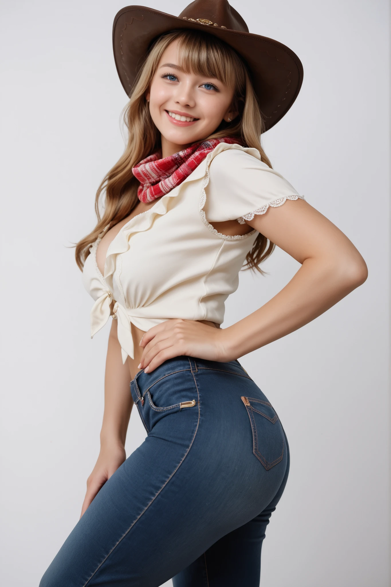 Score_9, Score_8_up, Score_7_up, Score_6_up, Score_5_up, Score_4_up, Source_real, Tag1, Tag2, Anatomically correct, realistic, 1 woman, 23 years old woman, beautiful woman, Highly detailed beautiful face and eyes, blue eyes, blonde hair, Detailed skin, (natural saggy big breast:1.1), big ass, thick thighs, wide hips, curvy, (oiled body:1.0), smile, (long hair with bangs), (tanned skin:1.2), (Cute cowboy outfit, cowboy hat, white shirt, fringed vest, Jeans, scarf), backshot, looking back, from behind, one hand on hip, (Please take a picture from below:1.3), Summer season atmosphere, Being in the grassland,