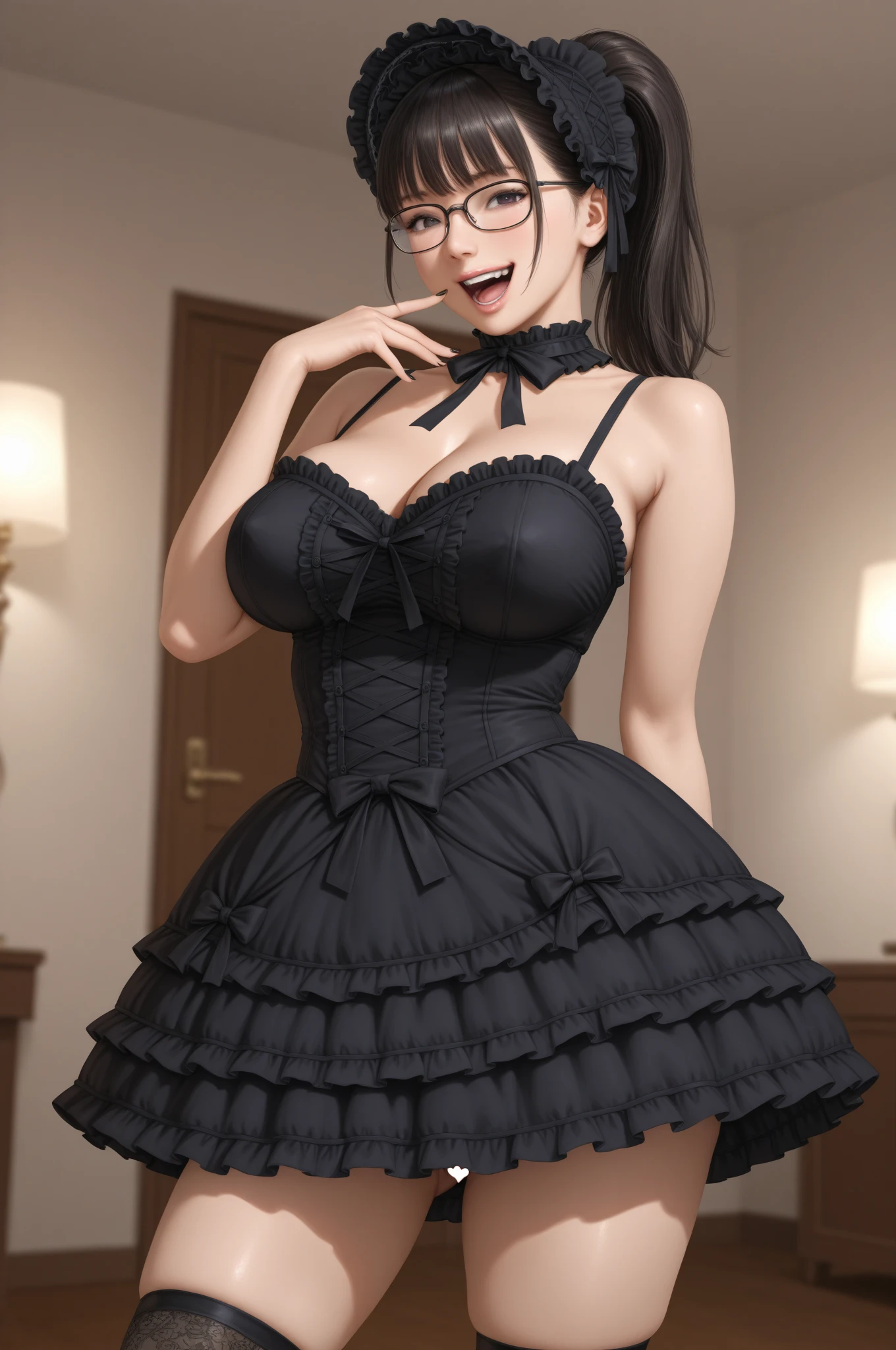 (masterpiece, best quality), 1 girl, curvaceous perfect body, nice breasts, wavy hair, pastel goth, gothic lolita cosplay minidress with intricate details, thighhighs, busy convention hall with elaborate details, standing pose, contrapposto, afternoon