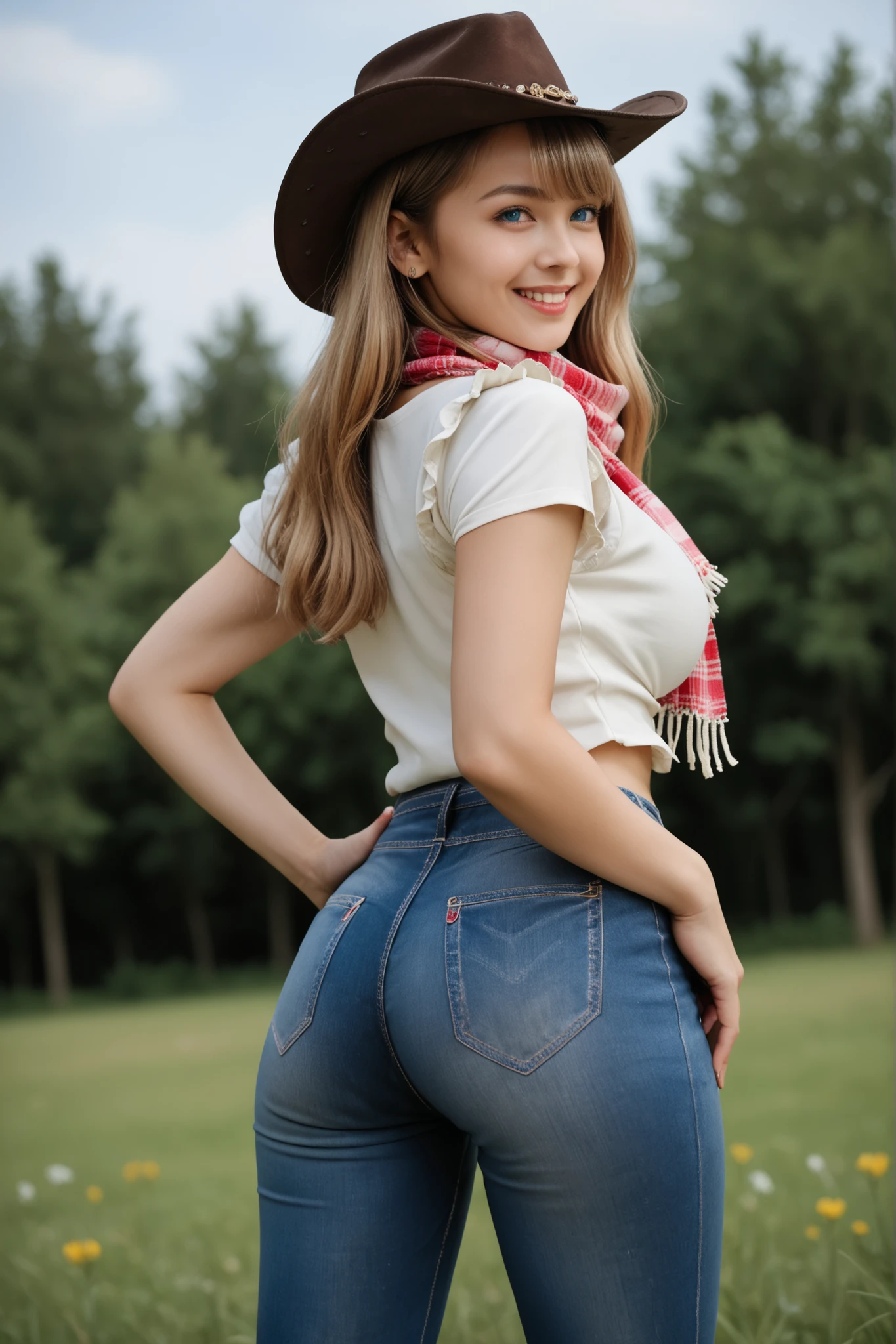 Score_9, Score_8_up, Score_7_up, Score_6_up, Score_5_up, Score_4_up, Source_real, Tag1, Tag2, Anatomically correct, realistic, 1 woman, 23 years old woman, beautiful woman, Highly detailed beautiful face and eyes, blue eyes, blonde hair, Detailed skin, (natural saggy big breast:1.1), big ass, thick thighs, wide hips, curvy, (oiled body:1.0), smile, (long hair with bangs), (tanned skin:1.2), (Cute cowboy outfit, cowboy hat, white shirt, fringed vest, Jeans, scarf), backshot, looking back, from behind, one hand on hip, (Please take a picture from below:1.3), Summer season atmosphere, Being in the grassland,
