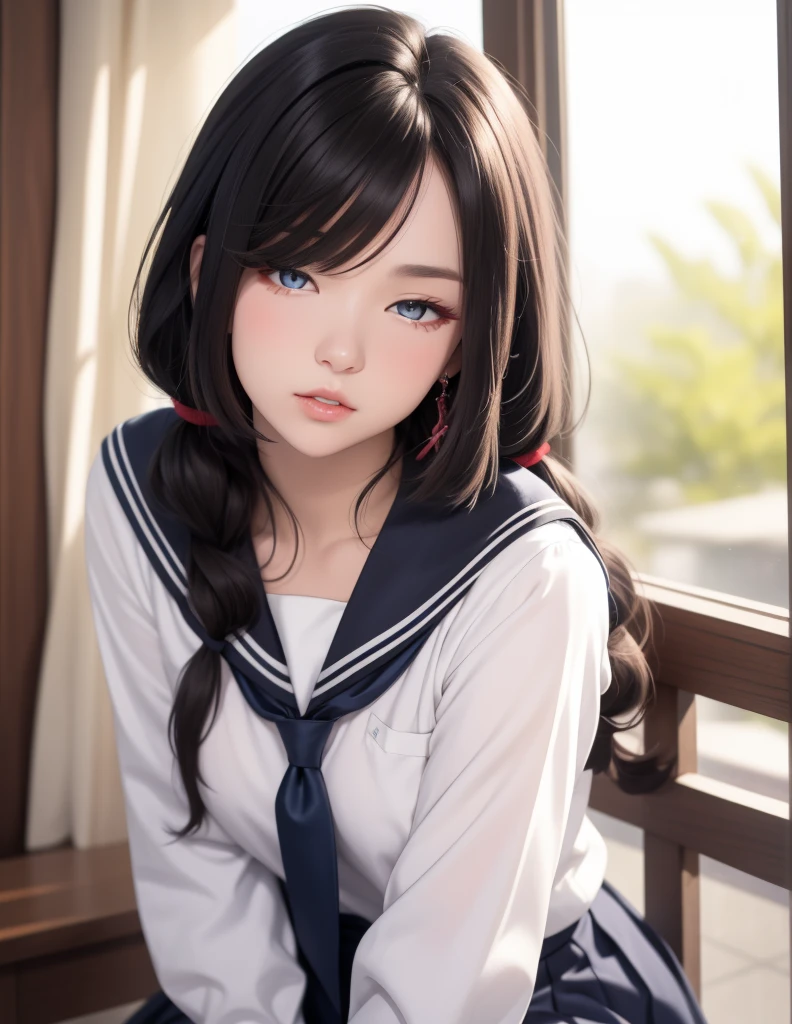 Photo Real、photoRealstic、独奏　A dark-haired、Blunt bangs　drooing eyes、Black eyes、Plump cheeks、The contours of the face are round　sixteen years old、hi-school girl、Suppin、a sailor suit、Drenched in sweat　large full breasts、Short stature　More than half of the angle of view is the face、Face Close-up、Bring your face closer to me、Faces close、Close contact of the chest、Look here、Acme face、panting、AHE Face、put out the tongue、droolng、dripping saliva