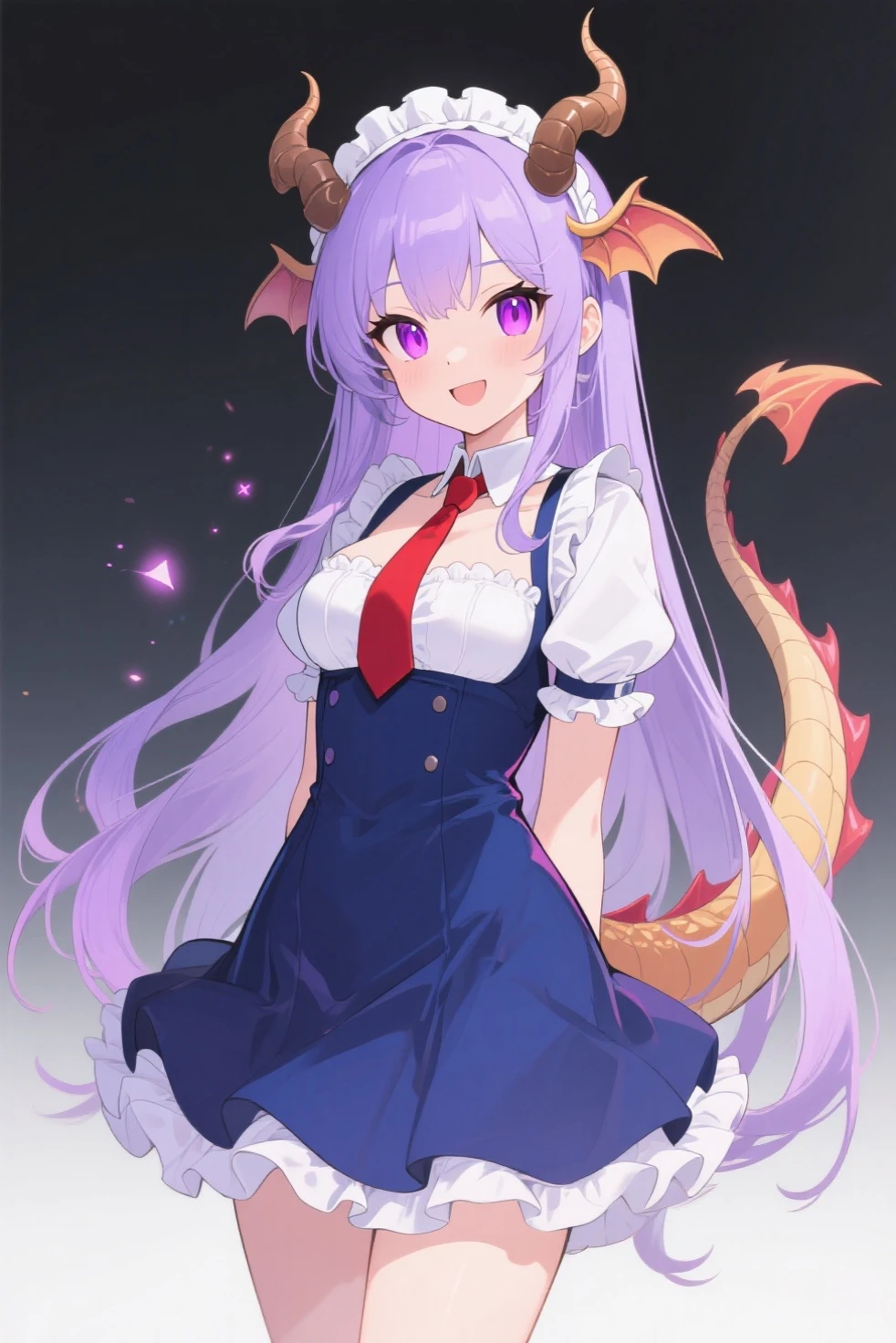 a female dragon anthro in the city wearing aschool uniform, she have blue long hair, orange eyes, curvy horns, large wings and spiked tail. dragontoonflux, furry, scalie