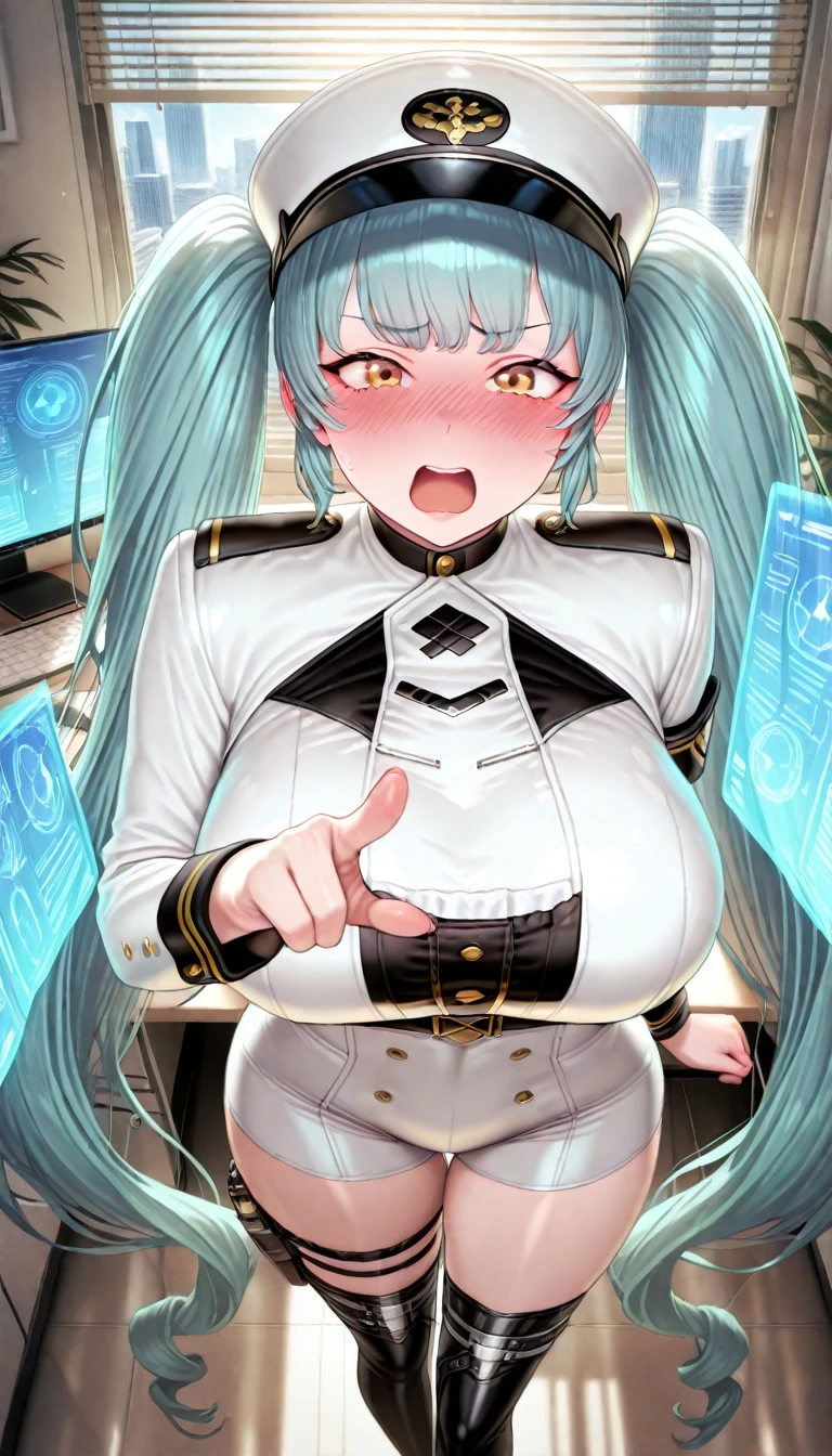 masterpiece, best quality, TopazV4:1.5, 1girl, looking at pc screen, solo, hair ornament, ((holographic interface:1.3)), indoors, spaceship, night, gigantic breasts