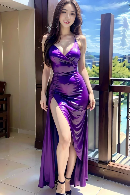 Create a demon female character in a fantasy novel。Wearing a tube top。Deep V ultra-low cut。36H cup，The hue is predominantly purple。The facial expression should be a smile。Wearing a bright red tulle wedding headscarf。Super high split cheongsam，Split to the lower abdomen。Barefoot standing full body portrait。Pay attention to the coordination of body proportions。The main material of clothing is silk。
