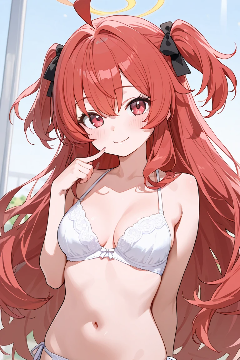 [[One person, Mayano Top Gun \(umamusume\), umamusume]], Beautiful attention to detail, Close one eye, ((indoor, office, living room),  Curvy, thin, Small breasts, Flat Chest, (Thigh-high socks), (Cleavage) , (Sexy pose), (Seductive pose), (Crop Top Belly Button), ((panties), (good), (In underwear), (Flashy underwear), (lingerie))), (Close-up shot), Slender body,Dynamic Angle, Highest quality, Very detailed, masterpiece, Ultra-high resolution, 8k, Nipples, ((Horse tail)), Camel Toe, smile, Small Ass, Slender body, long hair