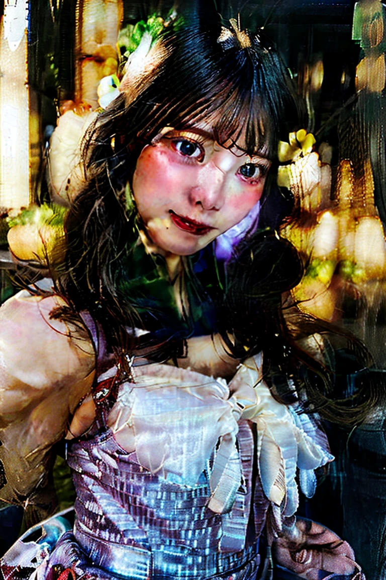 High resolution, One girl, Long Hair, chest, A realistic depiction of a fallen samurai, dressed in a traditional kimono, captured from head to toe in a bizarre and unsettling pose. The background is a typical horror movie setting, inspired by the Japanese horror film "YOU-ON," featuring a dimly lit, abandoned house with creaking wooden floors, eerie shadows, and cobwebs hanging from the corners. The scene should be photorealistic, evoking a sense of dread and unease.