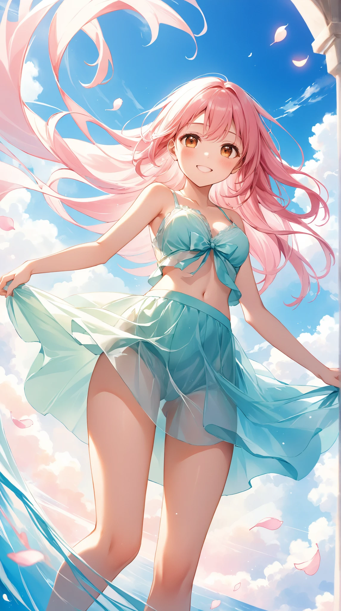 (anime-style cute face)、Hatsune Miku,最high quality, （（Sharp details））, (8k, RAW Photos, 最high quality, masterpiece), (looking at the camera),Cute Smile、Very big eyes、anatomically correct body、Big thighs、Muscular woman、The face is bright、Professional Lighting、Cute little breasts、Emphasis on the chest、（A fitted pink and white long sleeve surf suit:0.6、Belly button、Cute frills:1.8）、（See-through mini frill skirt:1.5）、high quality,High resolution,16K,Sharp lines,1 girl,（（（Surfing athlete:1.9）））、Detailed clothing、（Full body view）
