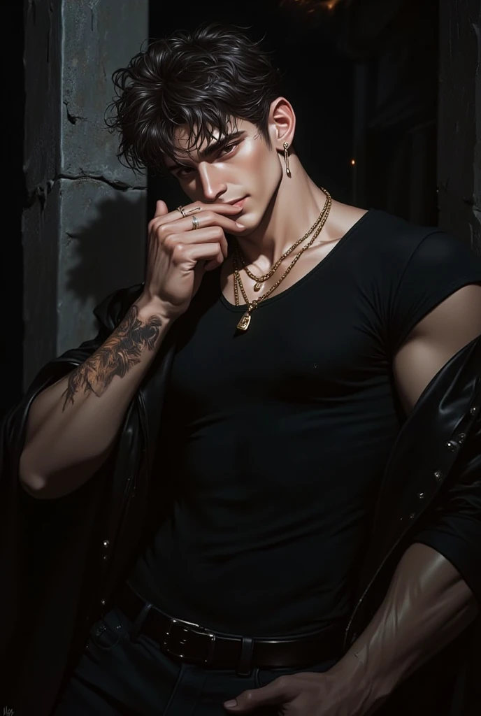 A shirtless skinny young man in wet leather pants screams while chained to a metal frame in dungeon