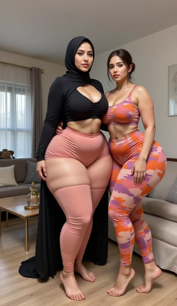 (portrait), side, In an unoccupied empty alley, two exceptionally voluptuous mature 35-year-old  (Muslim) moms proudly (stood side by side showcasing their curves to viewer). Their (muslim) naughty faces radiate innocence and charm, captivating everyone who lays eyes on them. They share the same height and body proportions, adding to their mature synchronicity. Both moms confidently wear provoking vivid ((black tanktops with sports long leggings)) that showcase their sensual energy. Their sports long leggings give a sexy flair to their outfits, perfectly complementing their depraved personalities. Completing their stylish ensemble, they both wear matching black hijabs with black tanktops, adding a touch of sensual fashion to their adorable appearance. their undeniable maturity and striking similarities create an lust-satisfying scene amidst the unoccupied empty alley, leaving a lasting impression on anyone who enters. (cleavage), (sports blacklong leggings), ((parted legs)), ((bare belly))'s, ((both wearing black hijabs)), both wearing black hijabs, both same height, both same body proportions, (seductive faces) (looking at viewer)