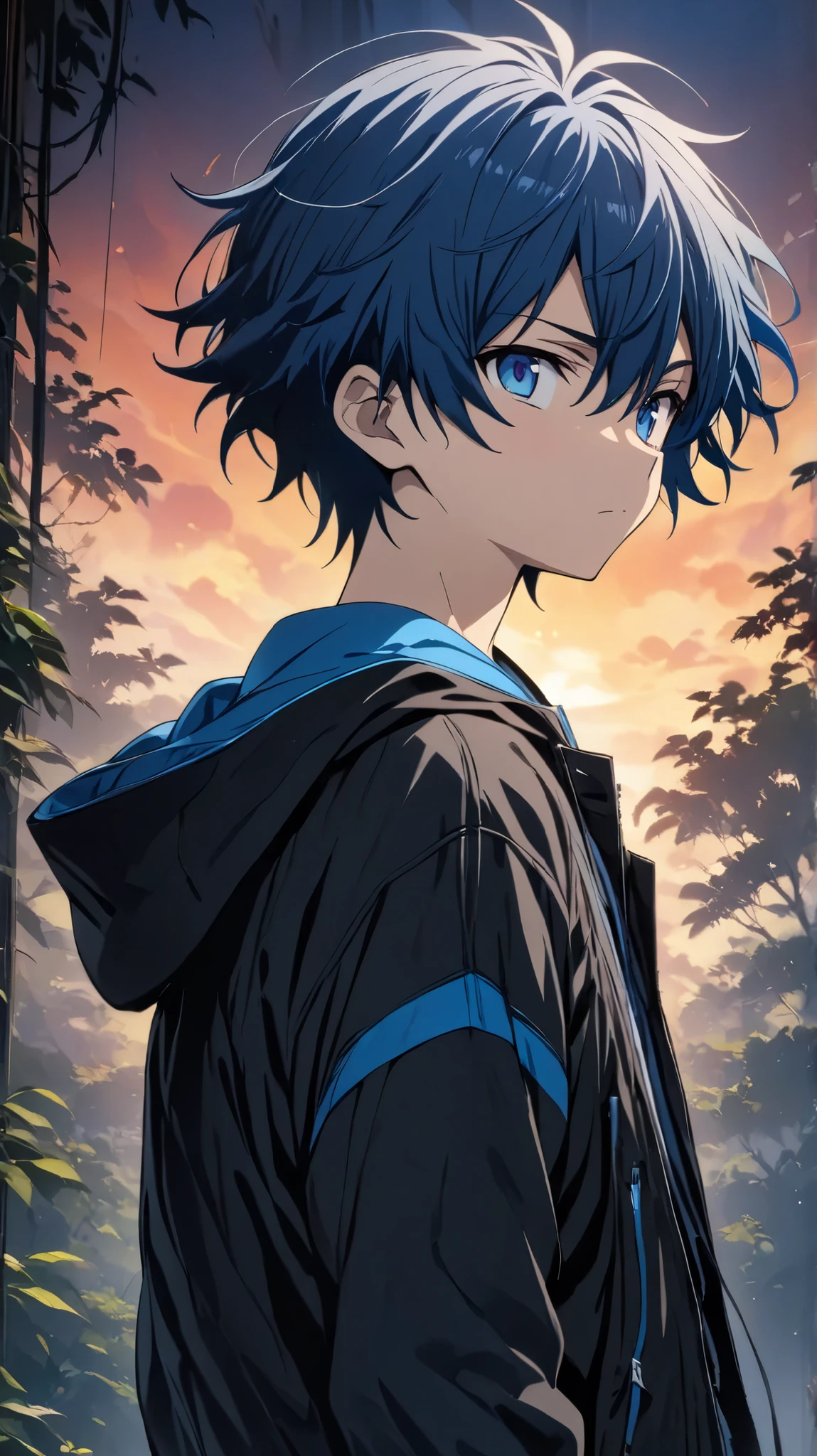 [(ATMOSPHERE BACKGROUND:1.5),::5], (((masterpiece))), high quality, ultra very high resolution, full color, ((solo)), ((younger boy)), ((men's short DeepBlue hair)), (deepblue eyes), anime, ((Upper body)), White shirt clothes, black parka, 