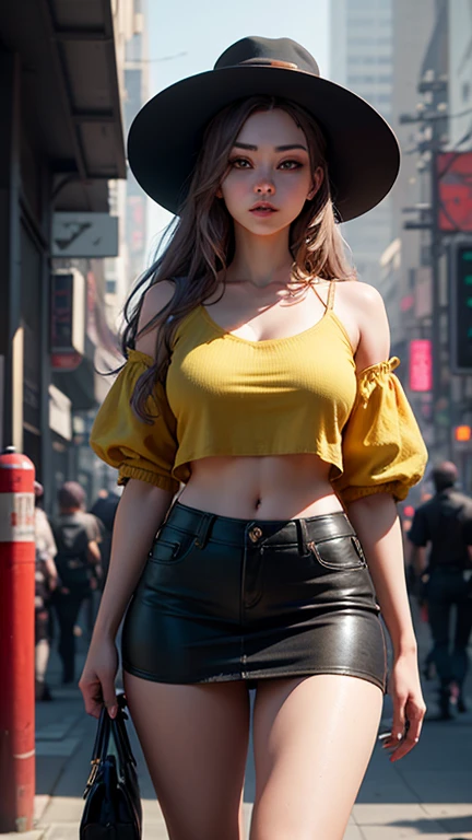 Absurd resolution, A high resolution, (masterpiece:1.4), ((gigantic braests:1.6)), ultra - detailed, 1girll, brown color eyes, cabelos preto e longos,Wear a outdoor, the city street,sexyposture, The camera is close to the body