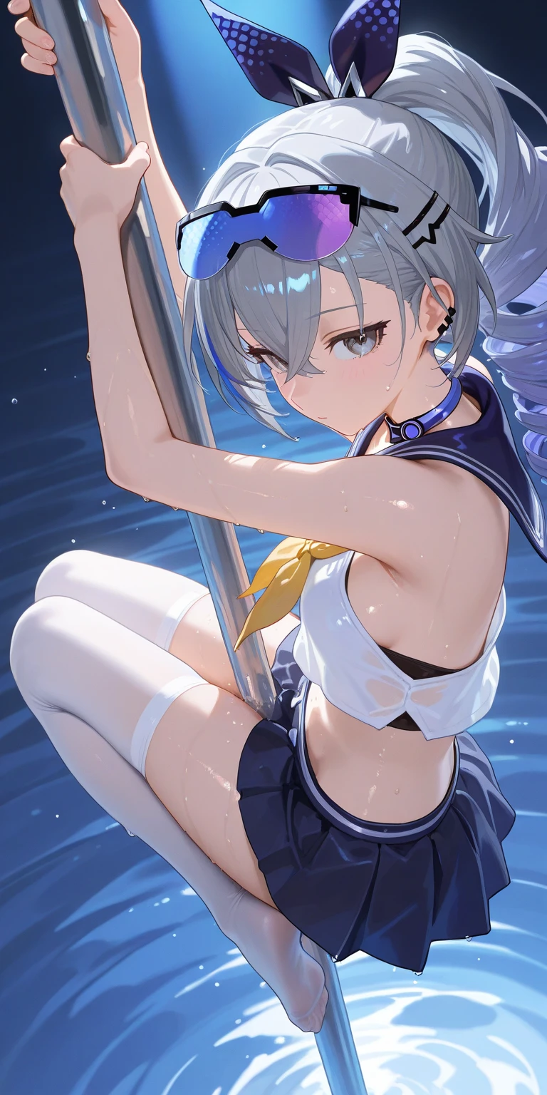 (Masterpiece), (Top Quality Anime Illustration), (Super Definition), (Super Detail), One Girl, Solo, Beautiful Girl with Silver Hair, Anime Loli, Cat Ear Loli, Petite, Lace Dress, Smile, Small, Cleavage, Underboob, Thighs, Wet Sheer, Underwater, Underwater Temple