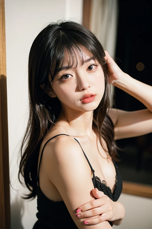In detail, High resolution, high quality、Perfect dynamic composition, Beautiful attention to detail, Medium Hair,Natural color lip,Kamimei、Shibuya Ward、20-year-old girl、1 person、Clear Skin、Shiny Hair、Tabletop, 最high quality, figure, Super detailed, In detail, High resolution, 8K、The correct state of the human body、Random pose、Sculpture model pose,Hair dancing in the wind、underwear,Hair length,big ,hugeな胸の谷間, Bold sexy pose,huge 、Whole body、Inside the room、On the bed、Large Breasts、Lying down pose