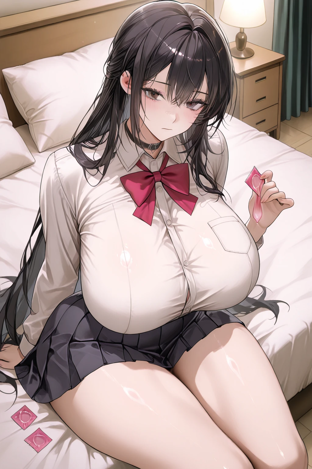 high school girl、Baby-faced beautiful girl、Black Hair、Big breasted body type、Flushed Cheeks、Sigh、Inside the Japan house、Lying on the futon、Half-undressed school uniforms、Nipples、Bushy pubic hair、Erotic atmosphere、Immoral scene、Sweat、Bukkake、Huge load of cum on skin、Estrus