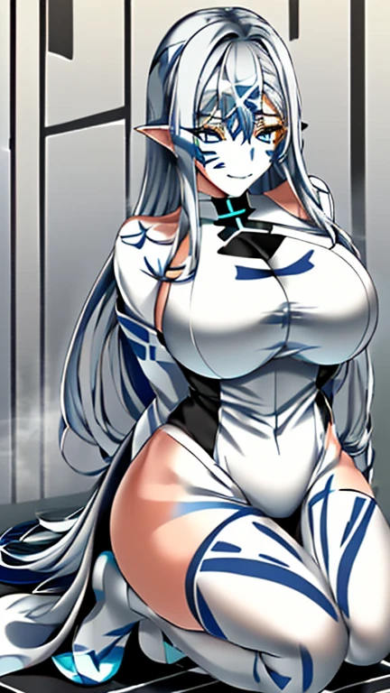masterpiece, highest quality, Anime Style,Official Art Beautiful Lighting, 1 girl, bangs, Inside the futuristic base, whole body, Blue and white outfit, 