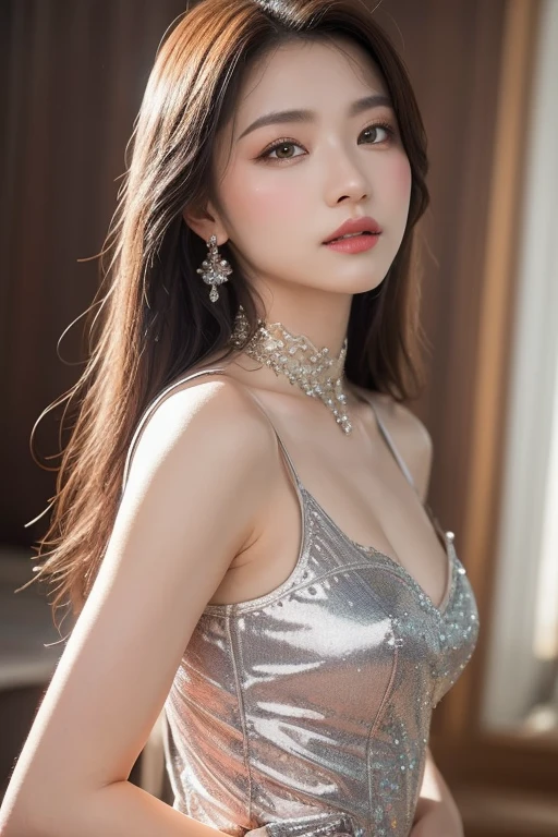 (Highest quality, High resolution, Realistic:1.2), Dramatic lighting, Oil, Detailed skin texture, long flowing hair, Elegant pose, Bright colors, Fine brushwork, Portraiture, Realistic makeup, Strong gaze, Delicate features, Complex background, Professional illustrations、((Lace fabric 1.5)))、Small breasts 1.5、See-through dresses 1.4